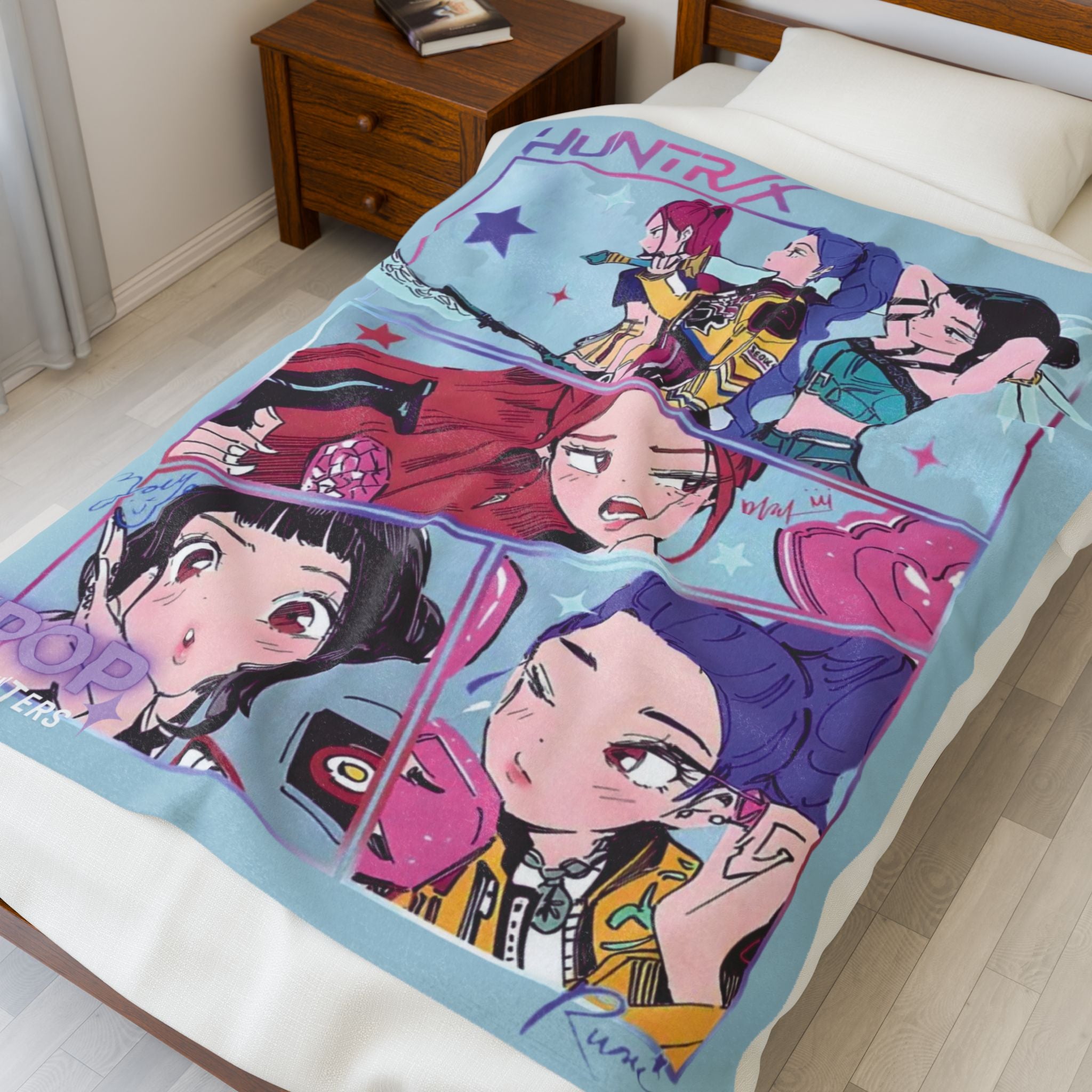 Personalized Cute Kpop Demon Hunter Plush Blanket - Huntrix Blanket Grey Blue