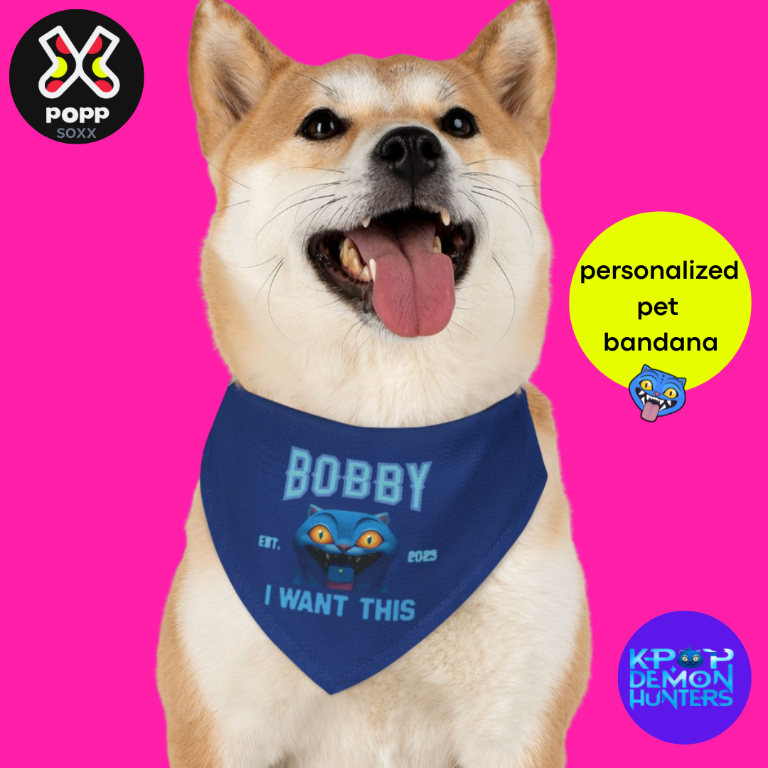 Personalized Kpop Demon Hunter Derpy Pet Bandana Collar- Dark Blue